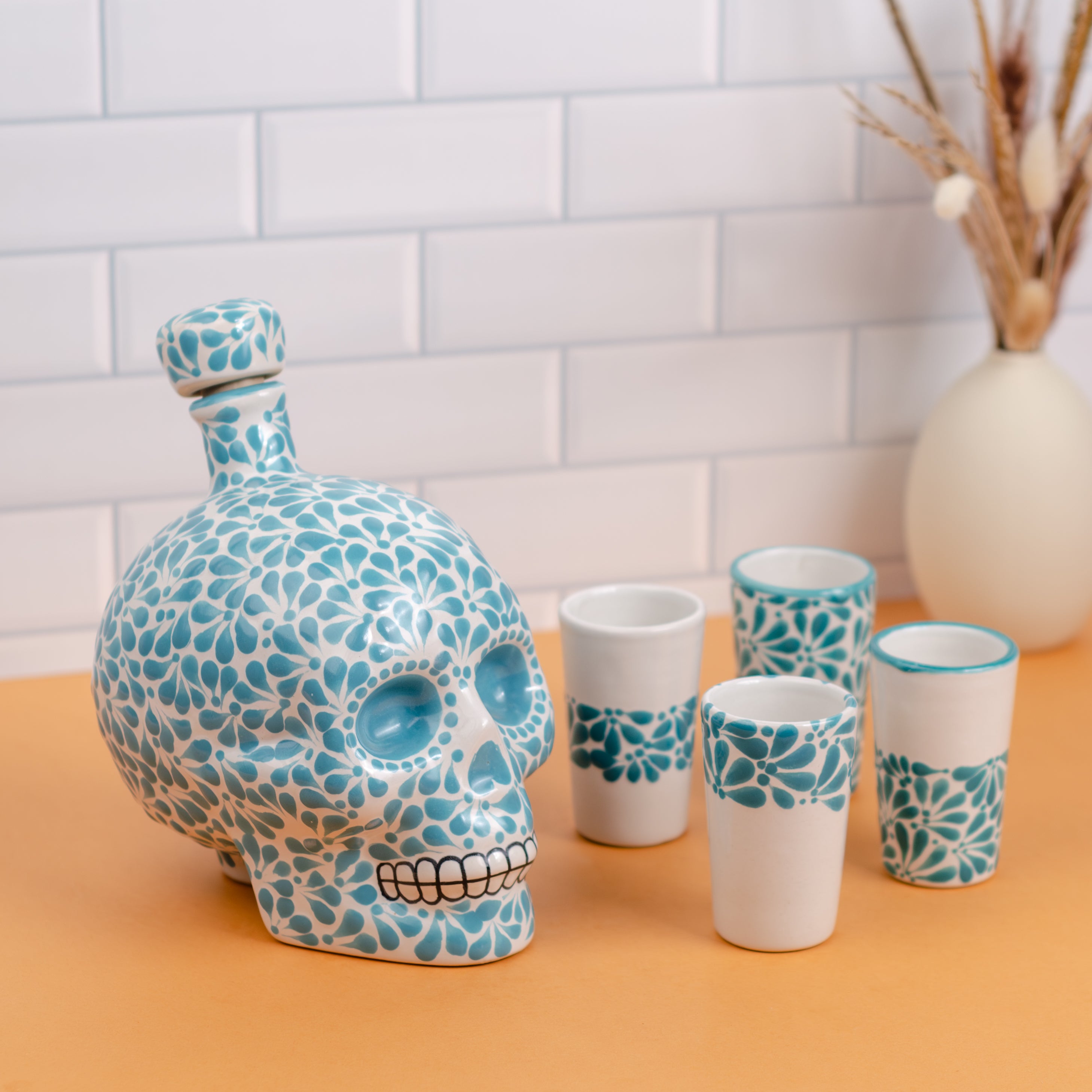 Hand Painted Sugar Skull Decanter and Shot Glasses Set