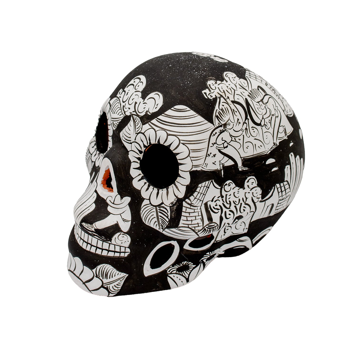 Storytelling Hand-Painted Black and White Xalitla Clay Sugar Skull
