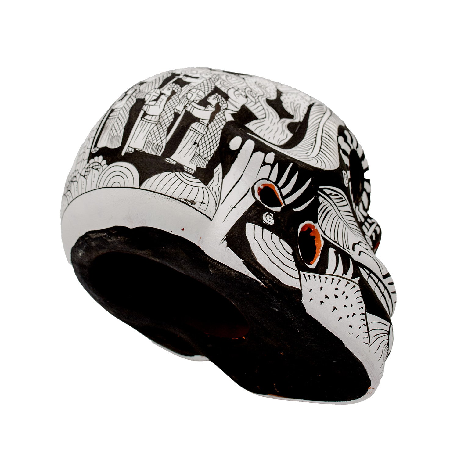 Storytelling Hand-Painted Black and White Xalitla Clay Sugar Skull