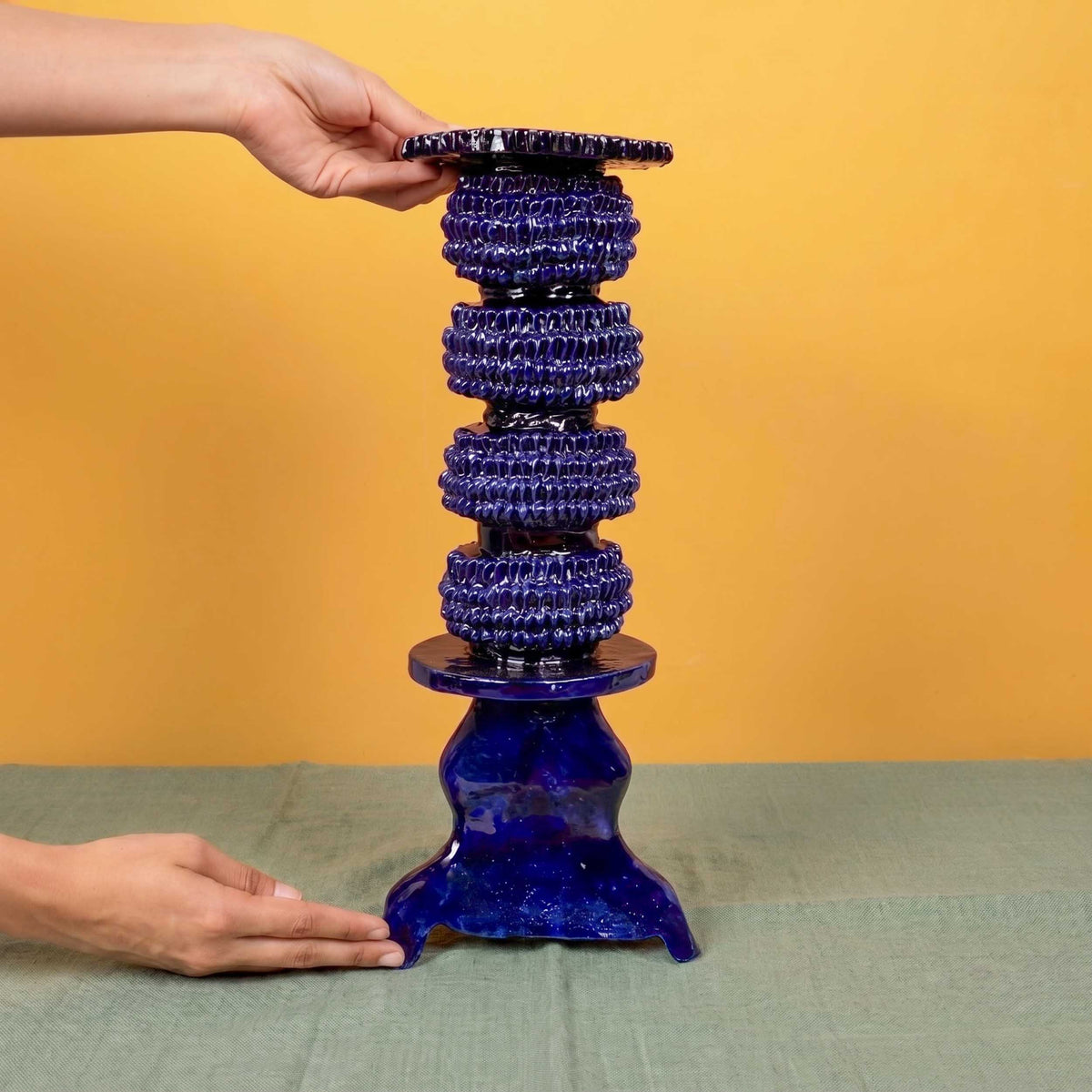 Large Blue Barro Vidriado Candle Holder
