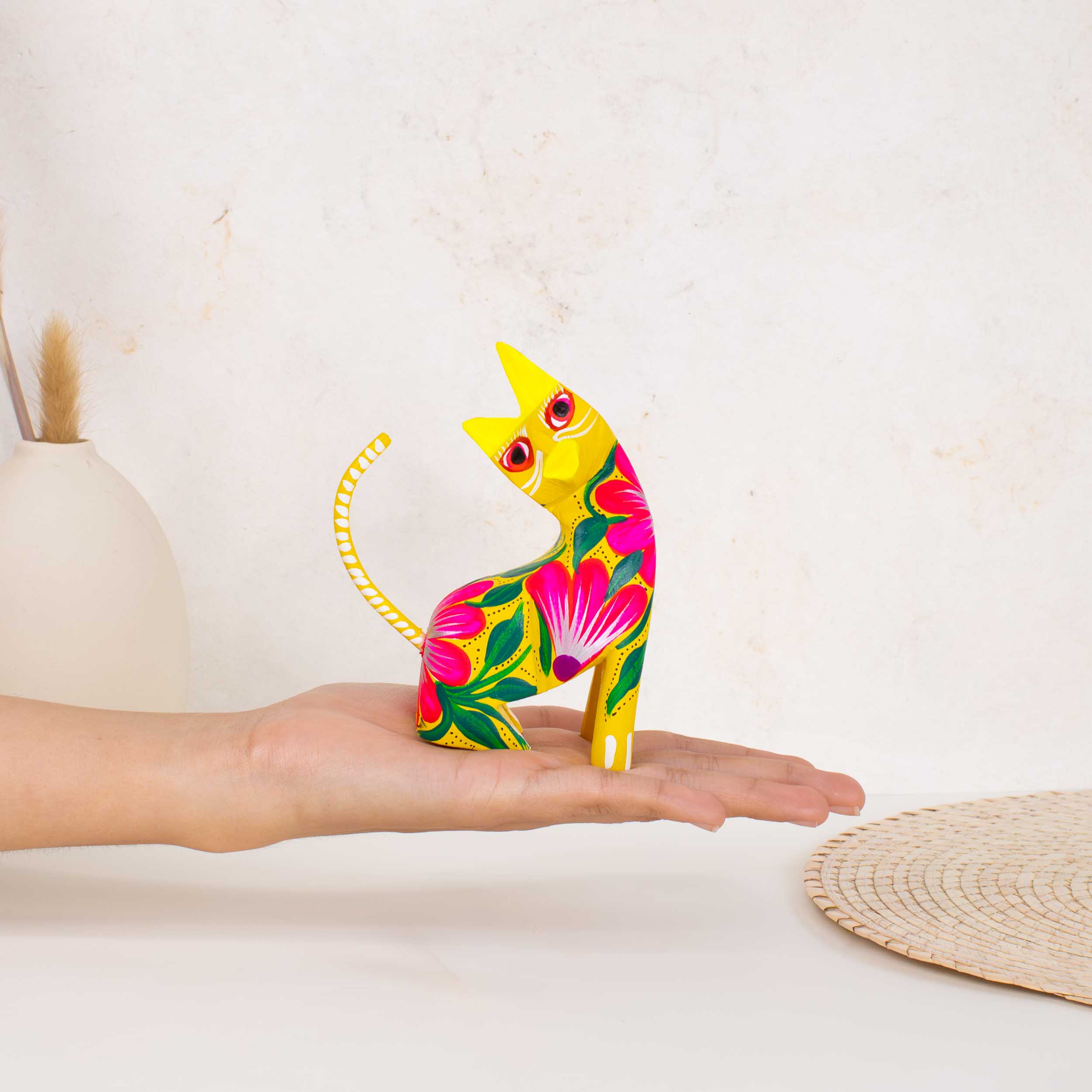 Large Hand Painted Neck Side Bend Cat Wooden Figurine