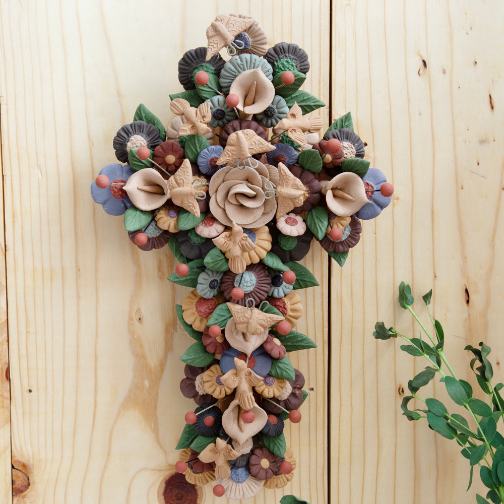 Large Floral Cross Barro Pigmentado Clay Wall Art | Lolo Mexican