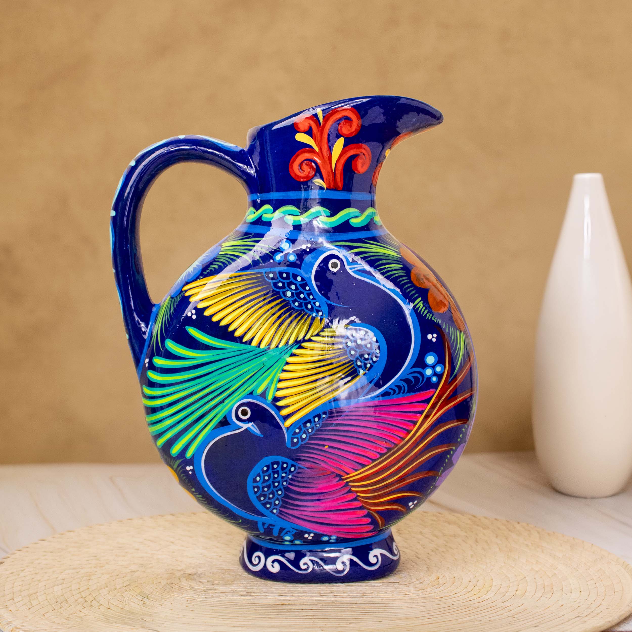 Large Hand-Painted Xalitla Clay Pitcher