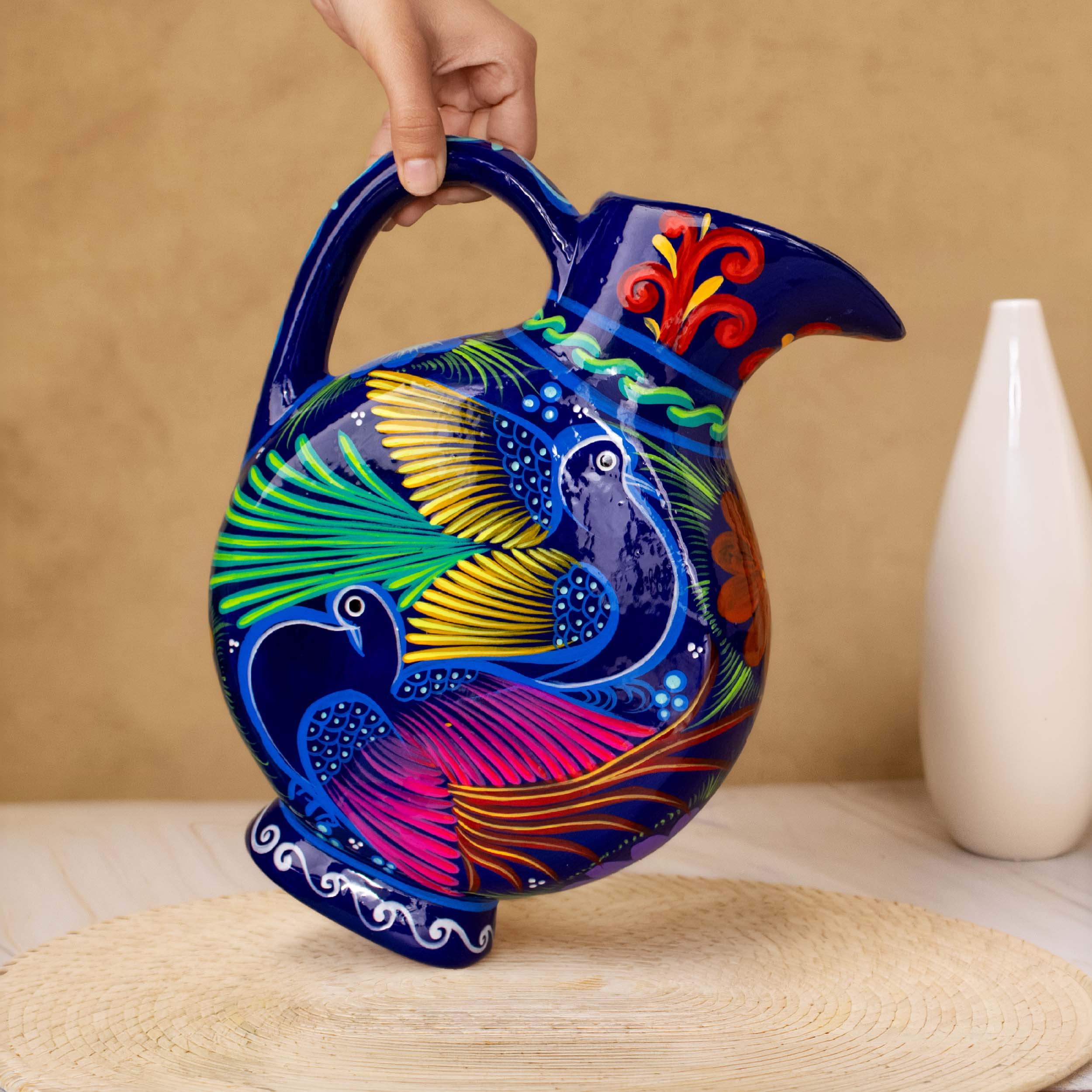 Large Hand-Painted Xalitla Clay Pitcher