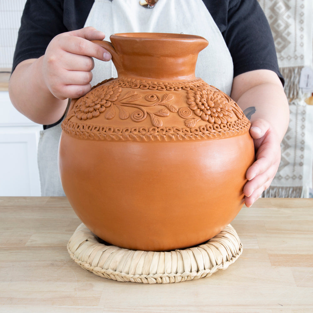 Award-Winning Patamban Natural Clay Cántaro Vase with Flowers