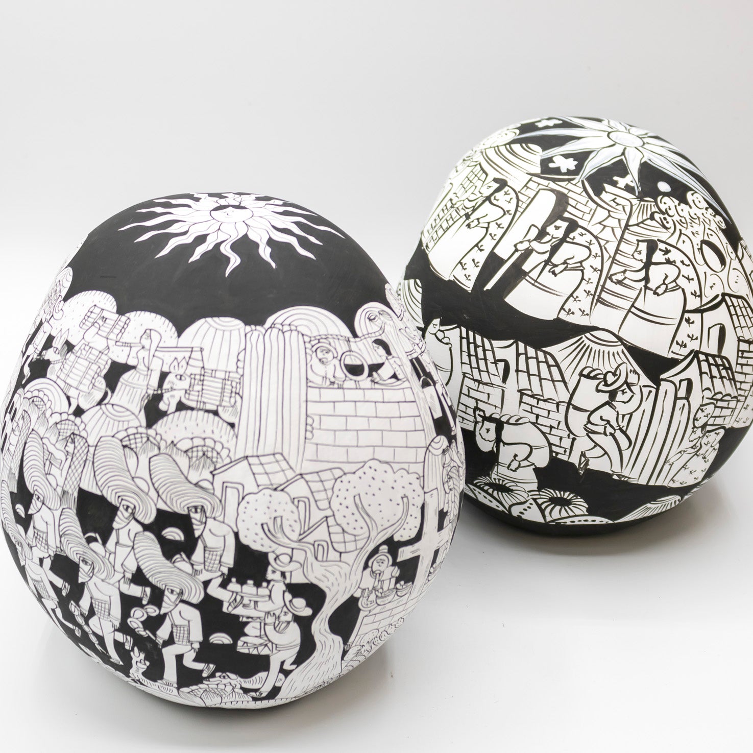 Storytelling Hand-Painted Black and White Xalitla Clay Sugar Skull