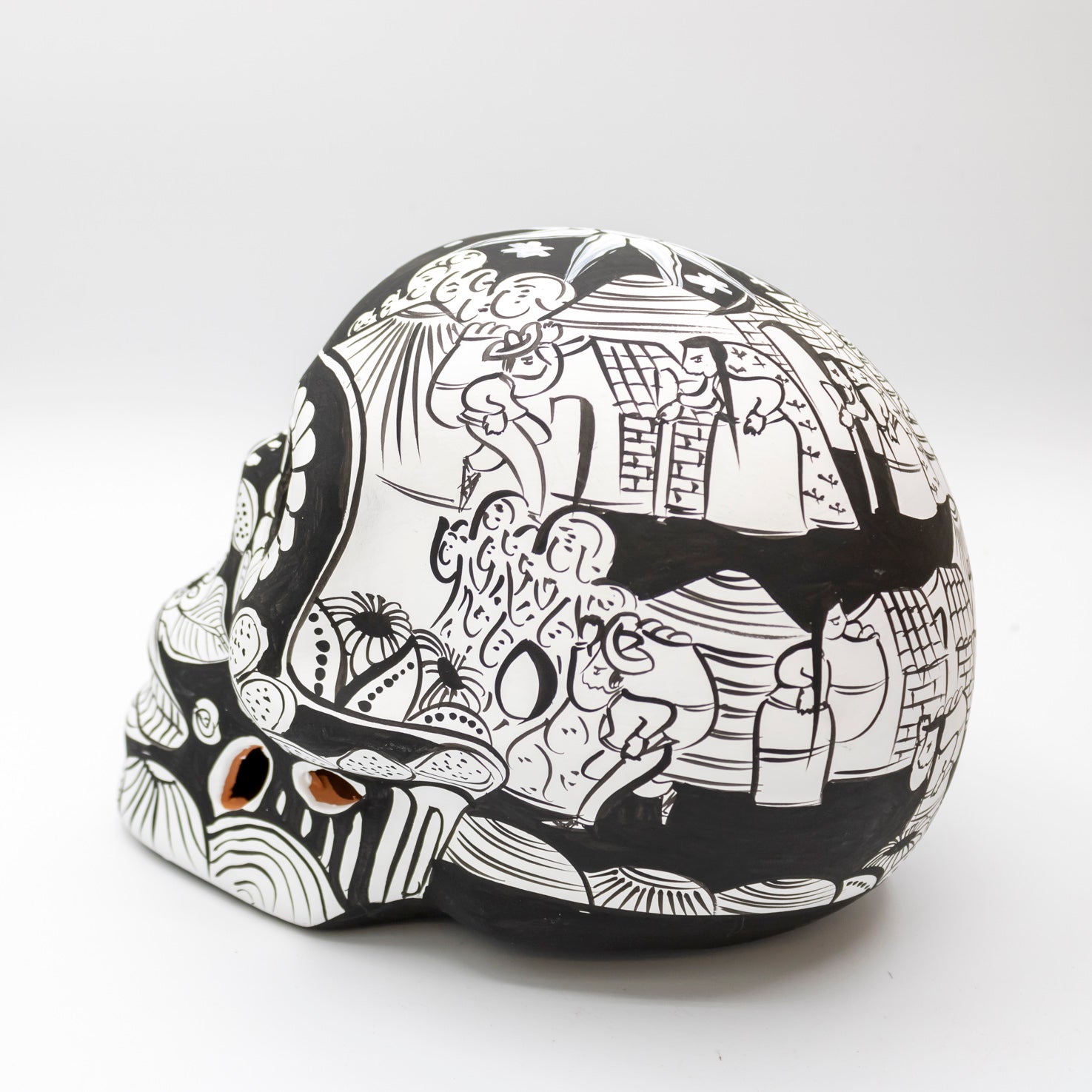 Storytelling Hand-Painted Black and White Xalitla Clay Sugar Skull