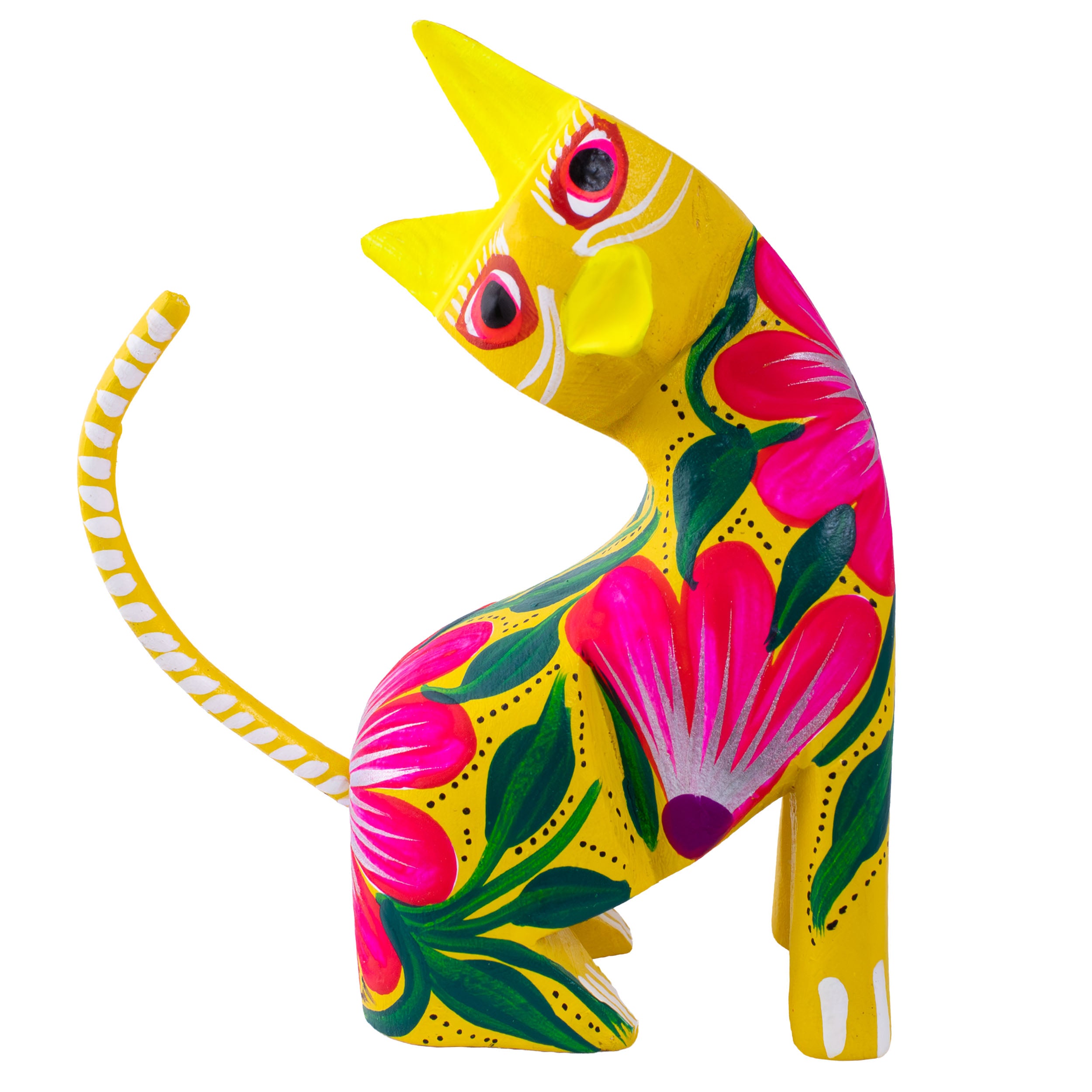 Large Hand Painted Neck Side Bend Cat Wooden Figurine