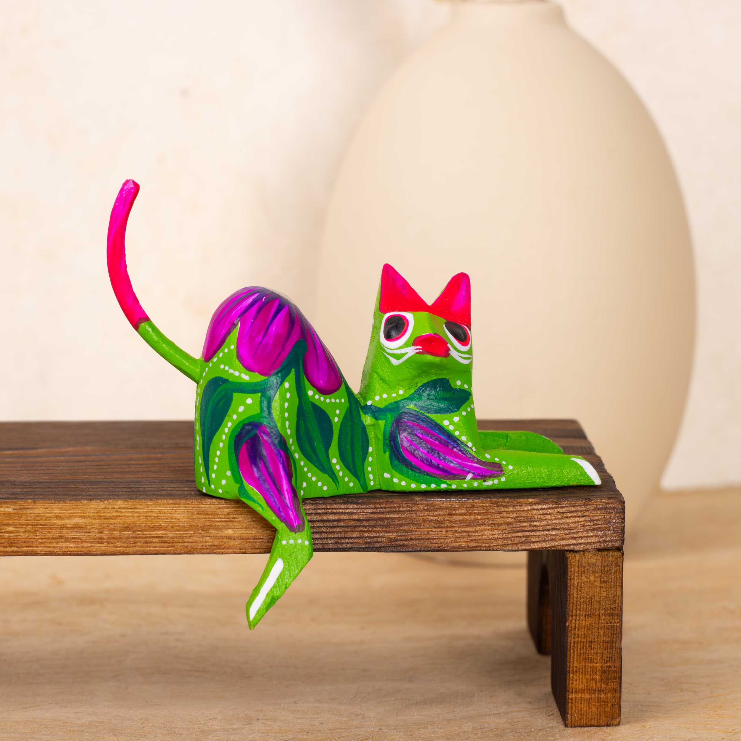 Hand Painted and Carved Hanging Cat Wooden Figurine Alebrije