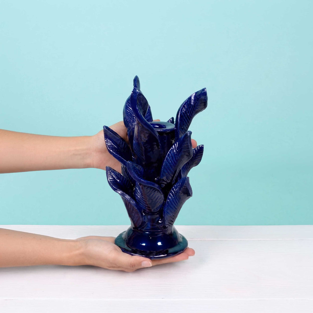 Blue Pineapple Swirling Leaves Candle Holder