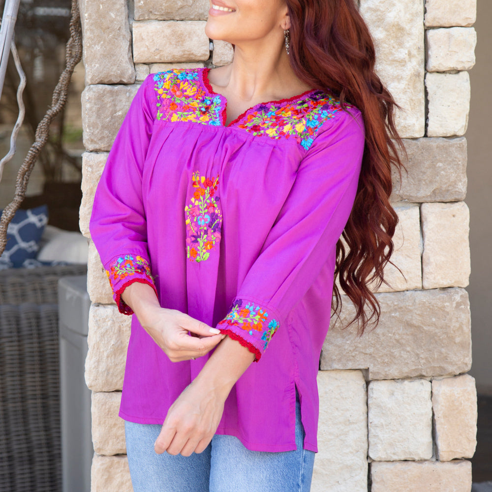 Camila Hand-Embroidered 3/4 Sleeve Blouse Lolo Mexican Mercadito