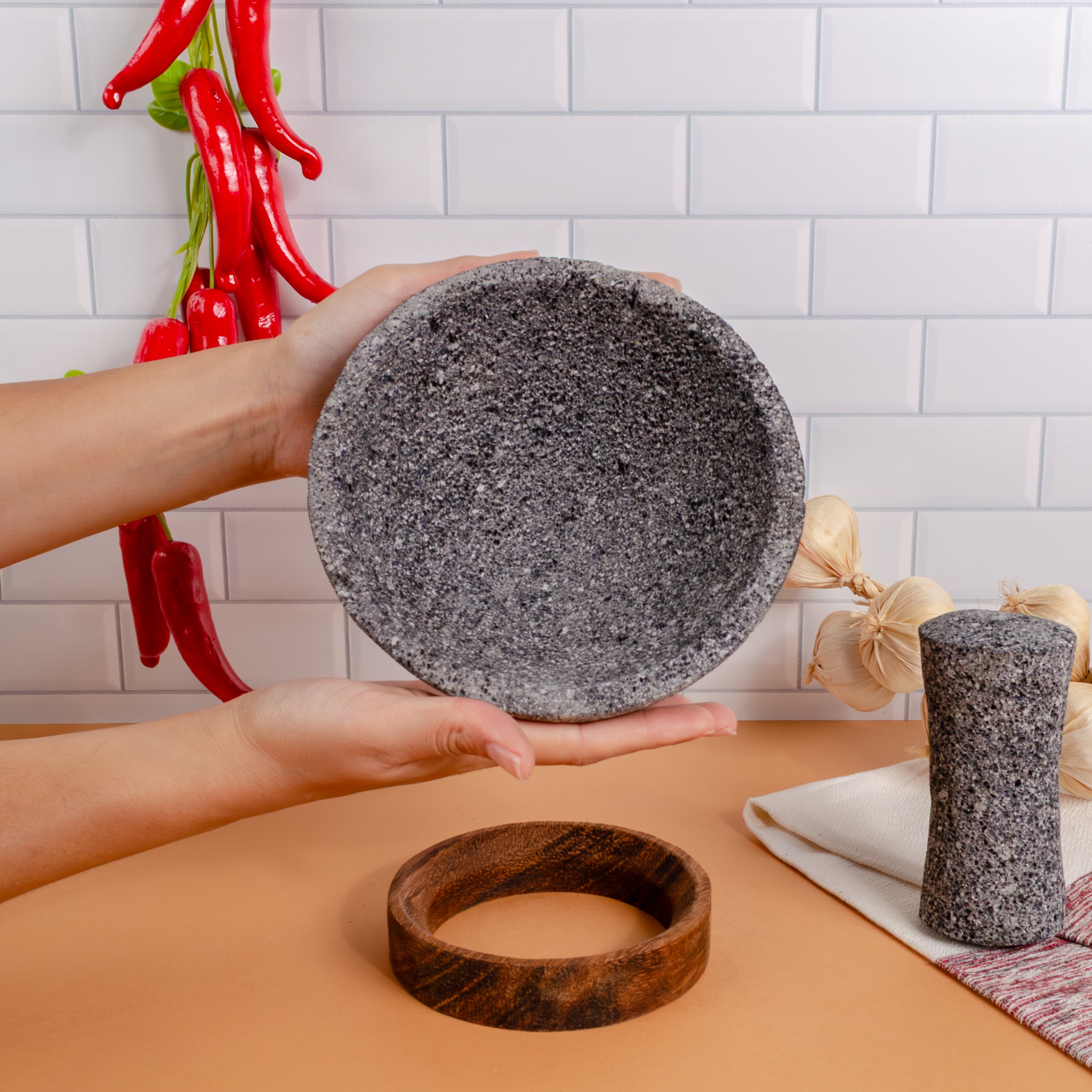 Volcanic Stone Molcajete with Wooden Base