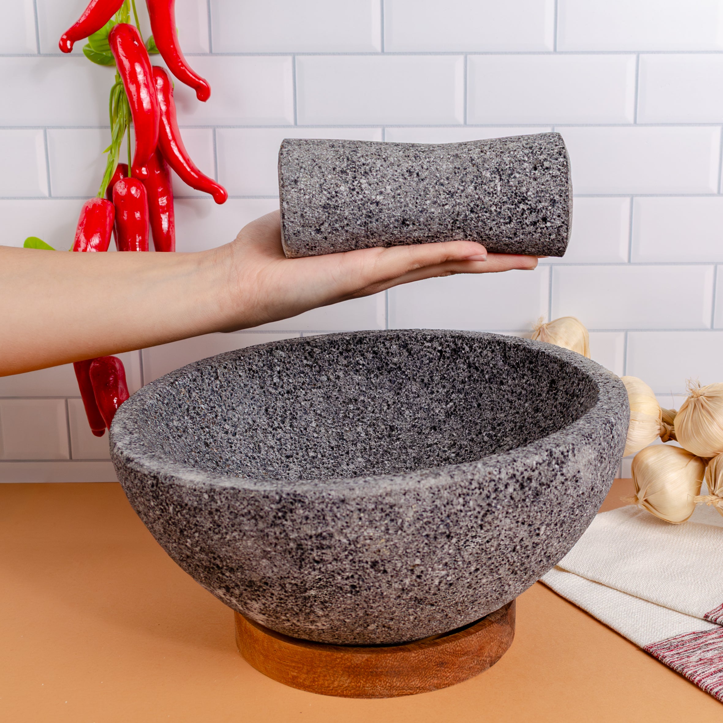Volcanic Stone Molcajete with Wooden Base