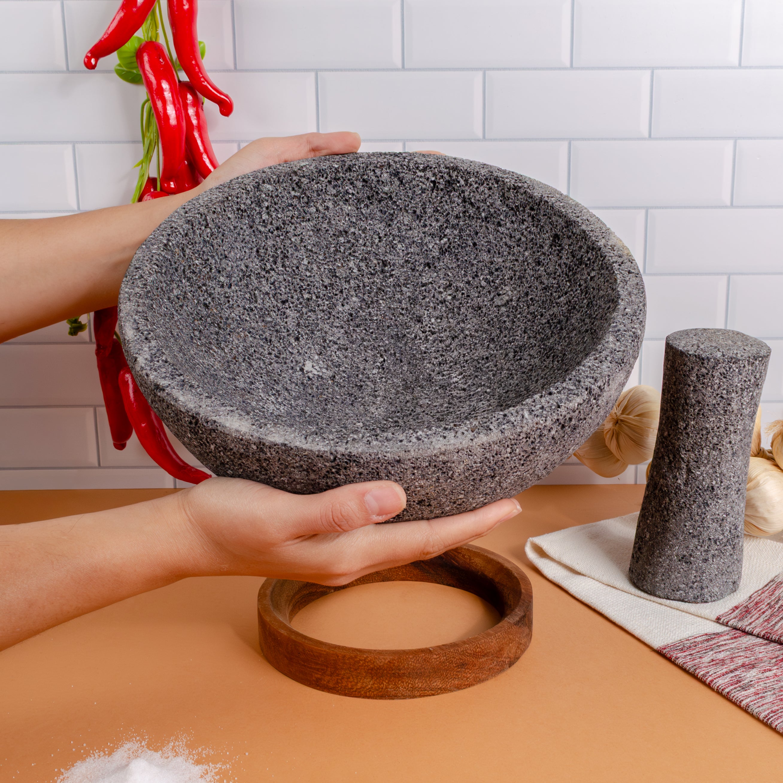 Volcanic Stone Molcajete with Wooden Base