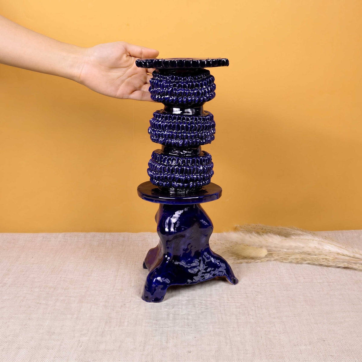 Medium Blue Barro Vidriado Candle Holder