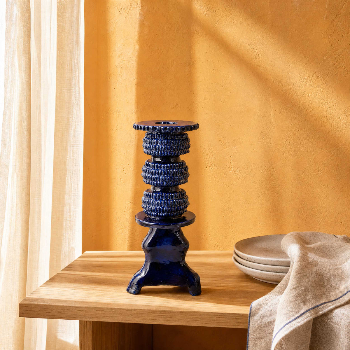 Medium Blue Barro Vidriado Candle Holder