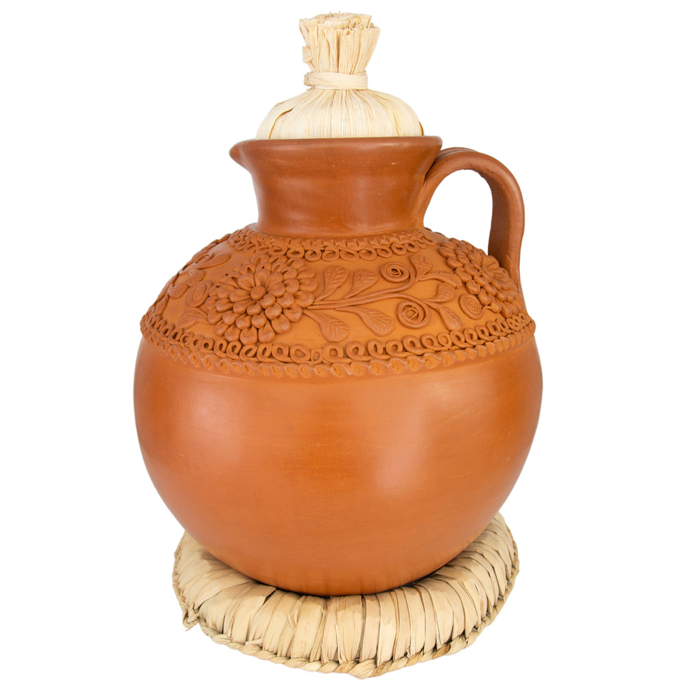 Award-Winning Patamban Natural Clay Cántaro Vase with Flowers