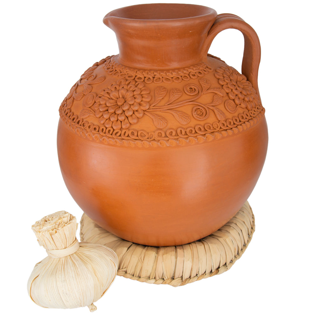 Award-Winning Patamban Natural Clay Cántaro Vase with Flowers