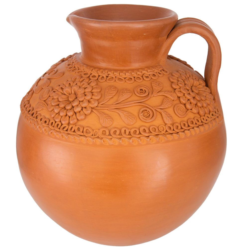Award-Winning Patamban Natural Clay Cántaro Vase with Flowers