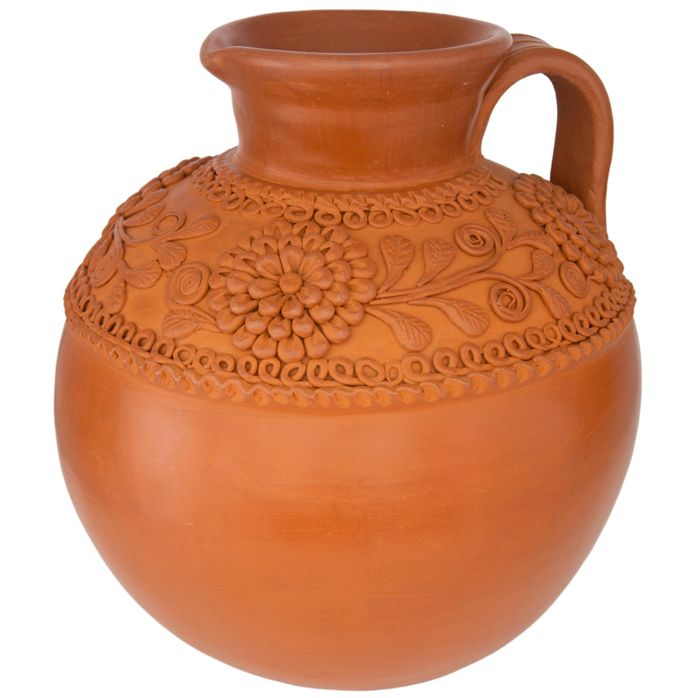 Award-Winning Patamban Natural Clay Cántaro Vase with Flowers