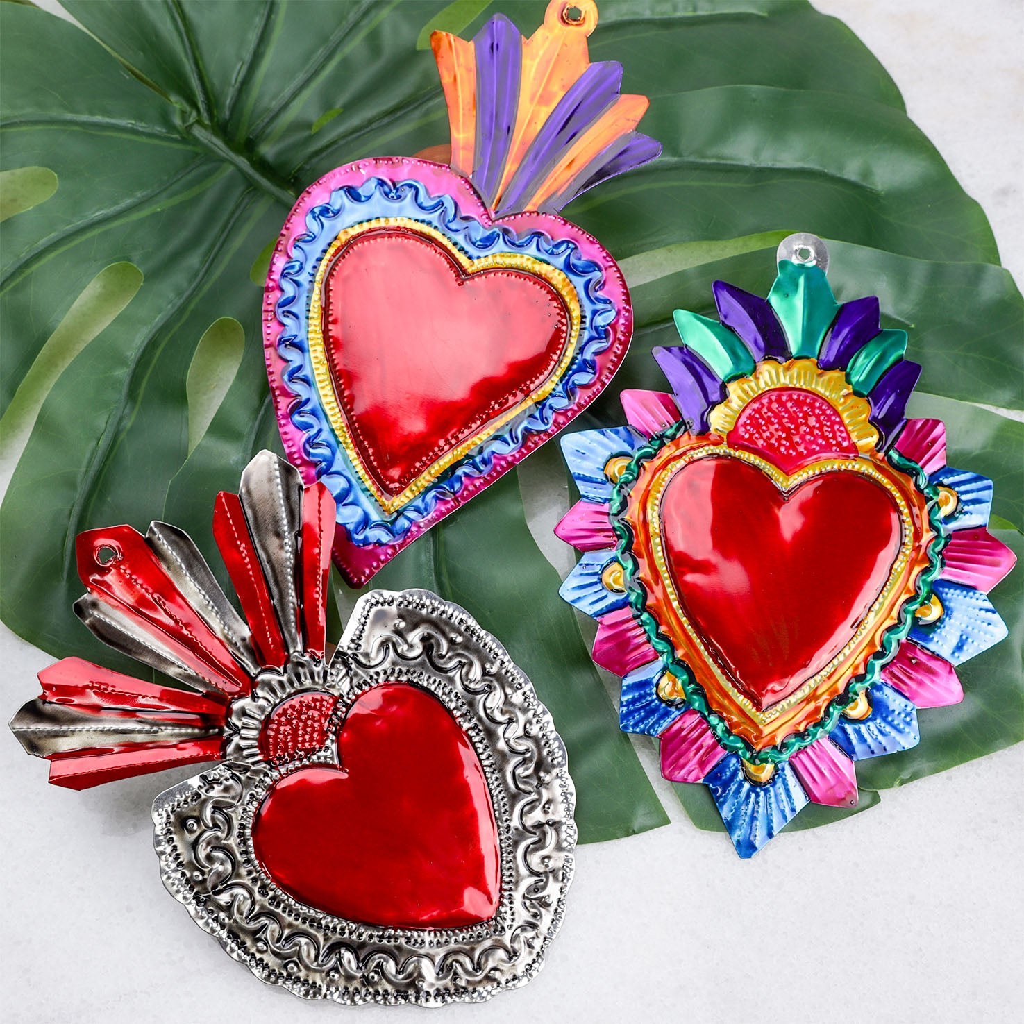 Large Mexican Crown Milagro Tin Hearts