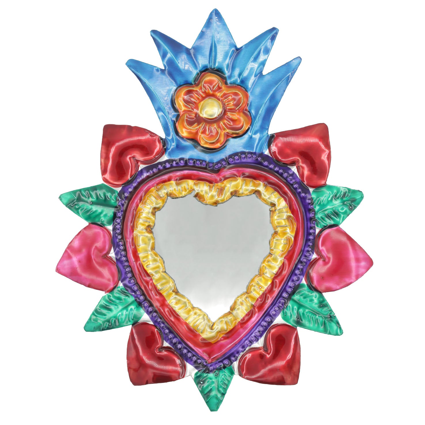 Medium Mexican Crown Milagro Tin Heart with Mirror