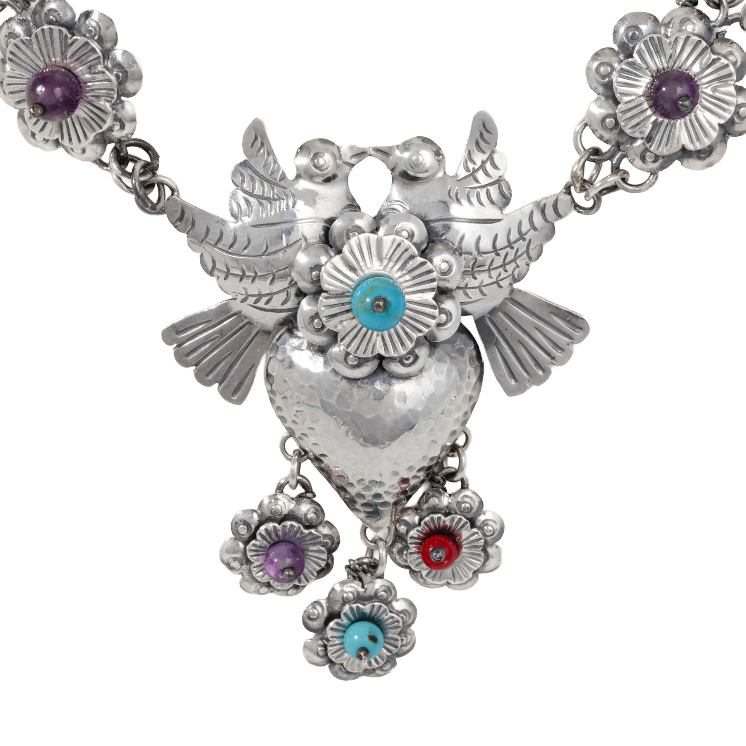 Sterling Silver Flowered Mazahua Love Birds Necklace