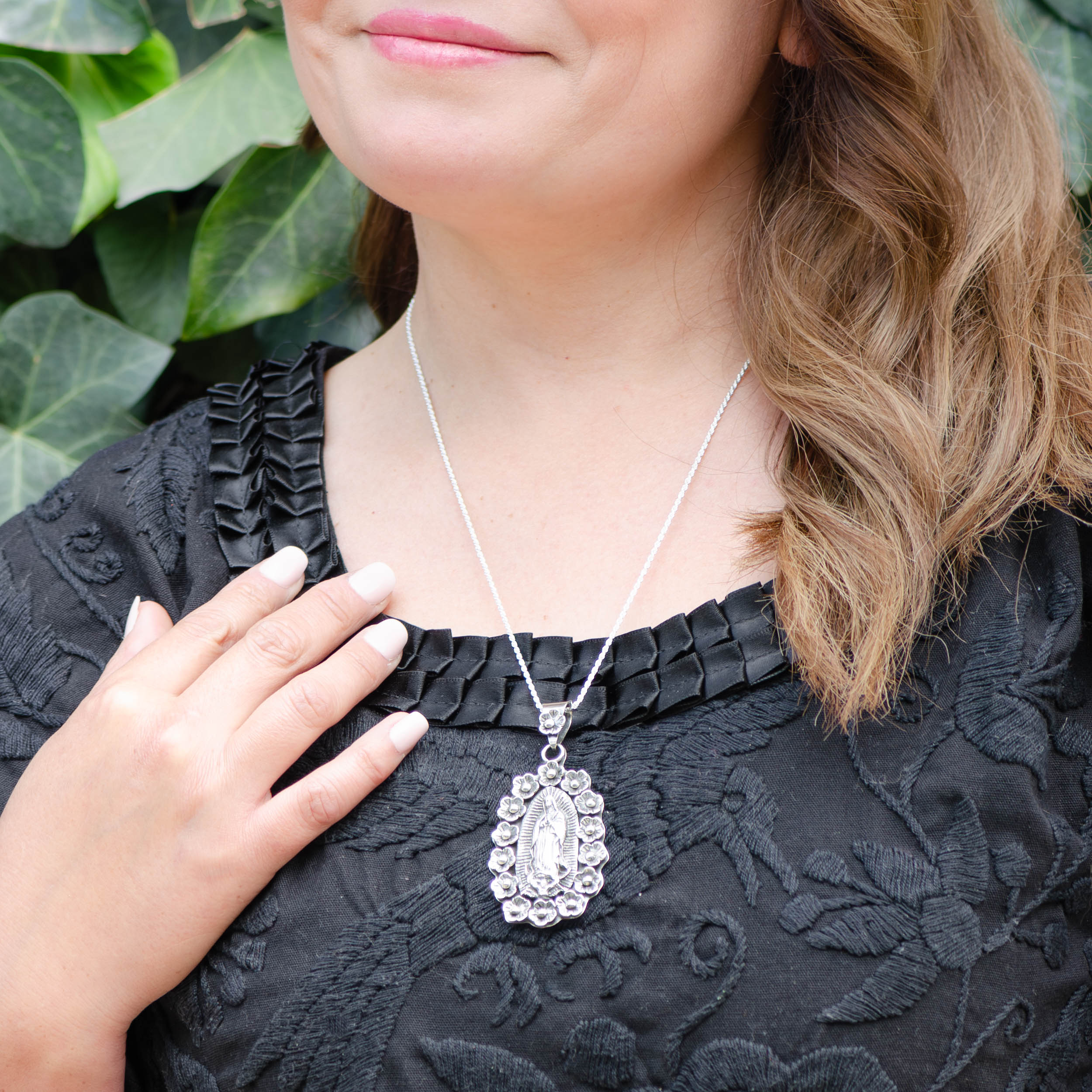 Sterling Silver Floral Virgencita Pendant