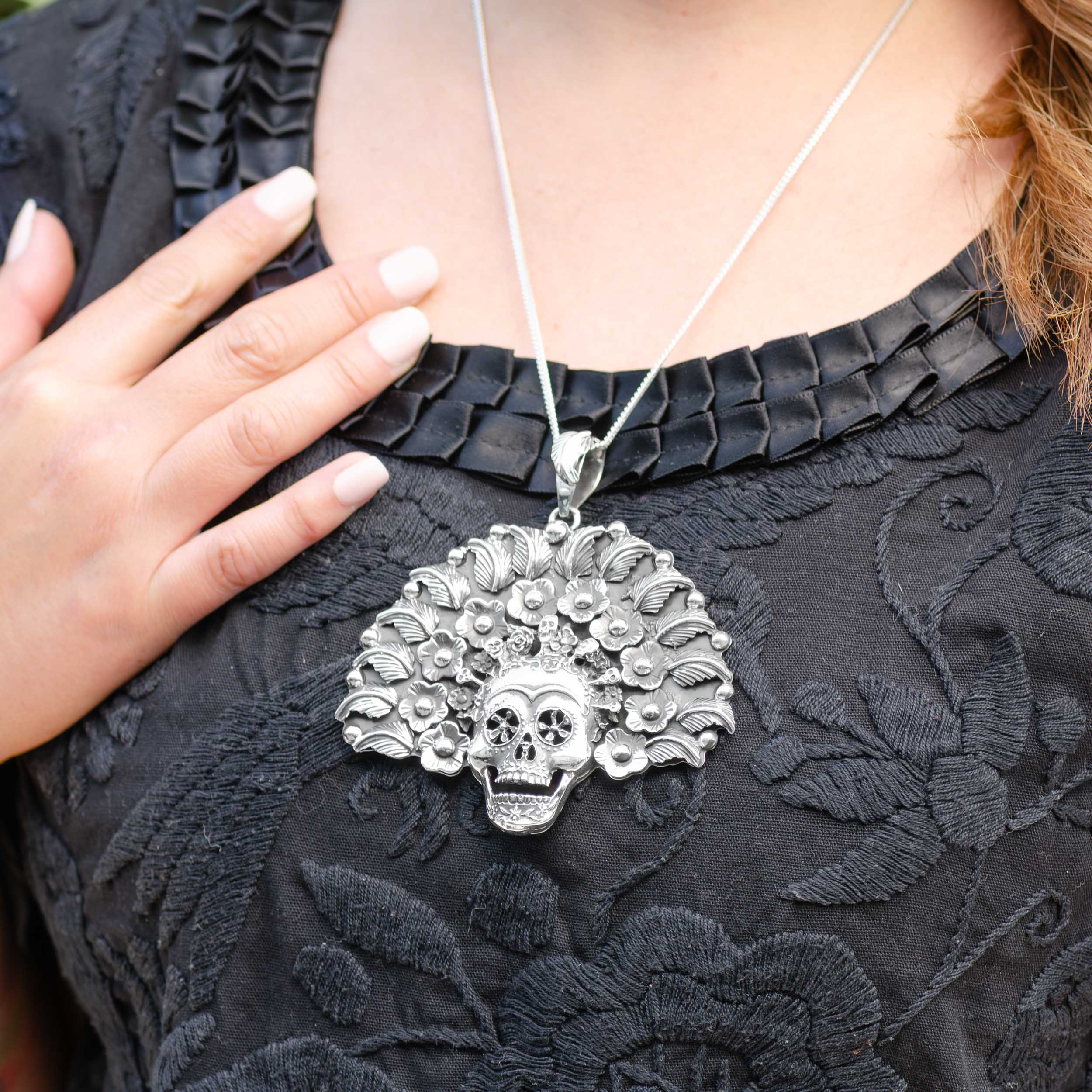 Sterling Silver Large Royal Sugar Skull Pendant