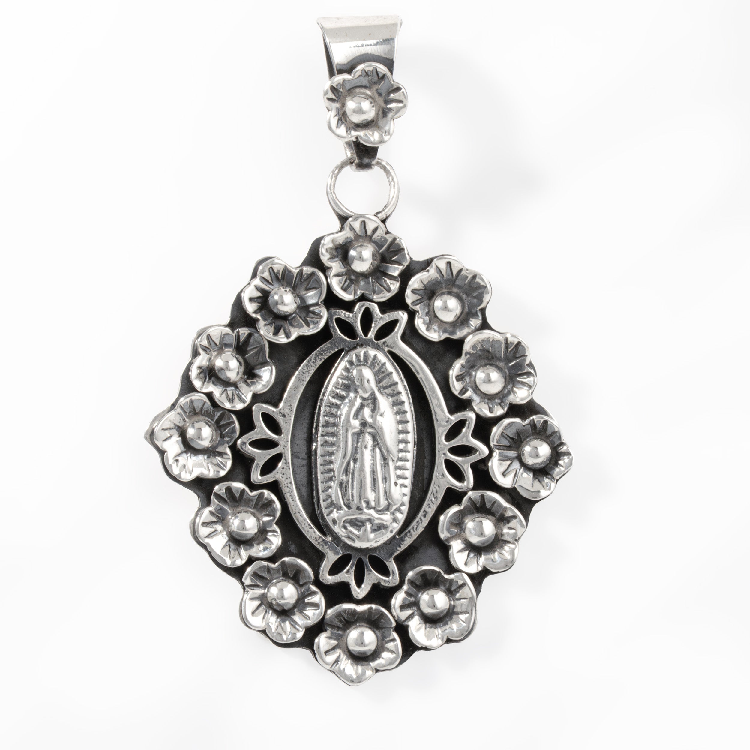 Sterling Silver Virgen de Guadalupe Flowered Pendant