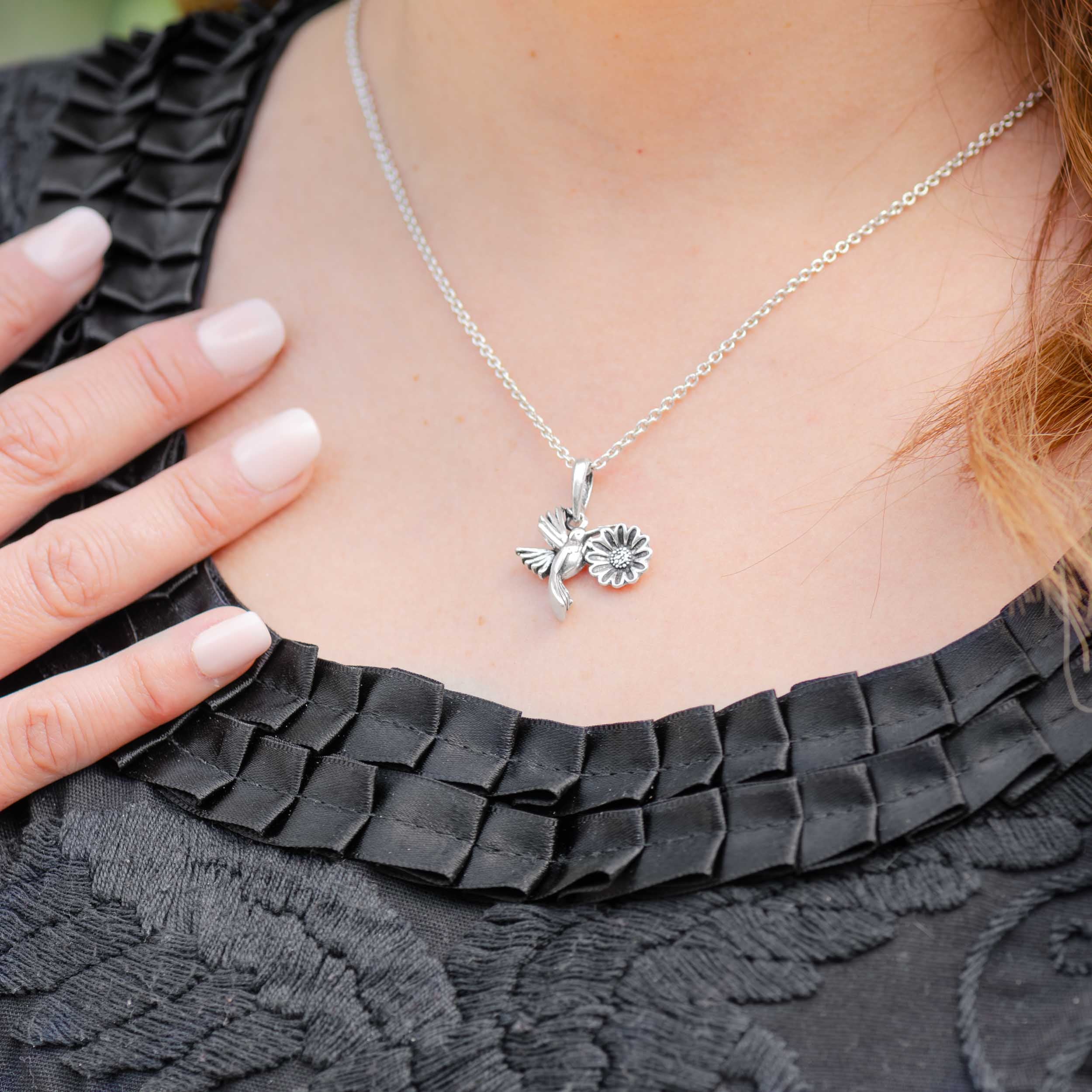 Sterling Silver Hummingbird Flower Pendant