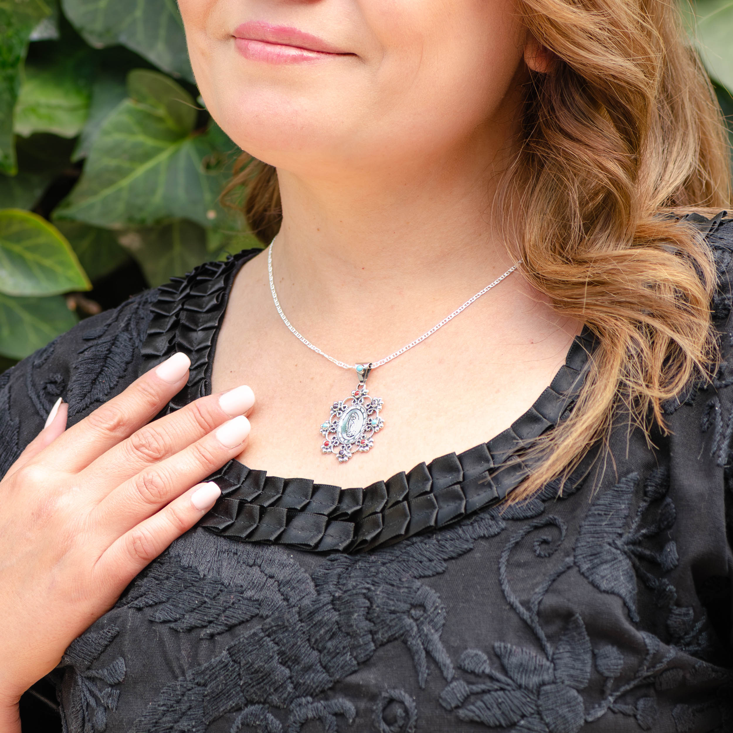 Sterling Silver Virgencita Baroque Gemstones Pendant