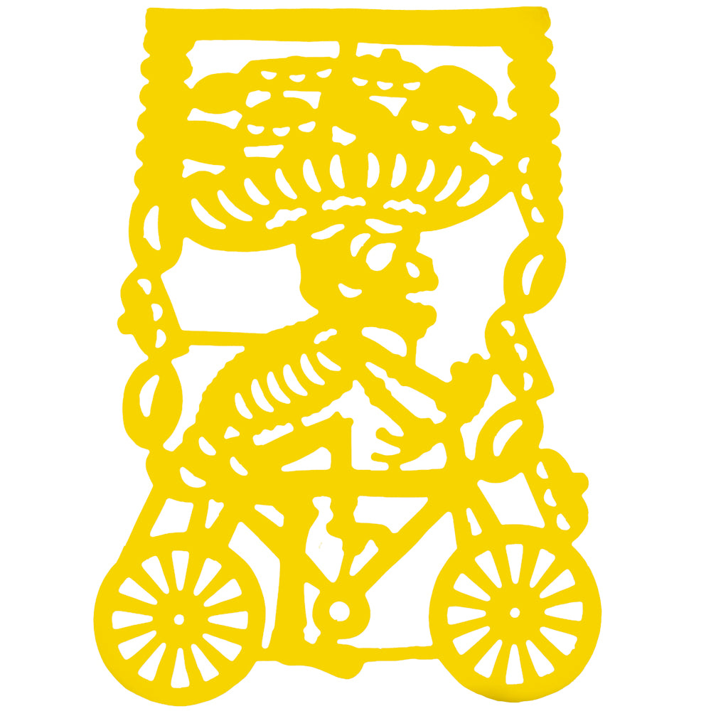 Colorful Calaca on a Bike Papel Picado Banner