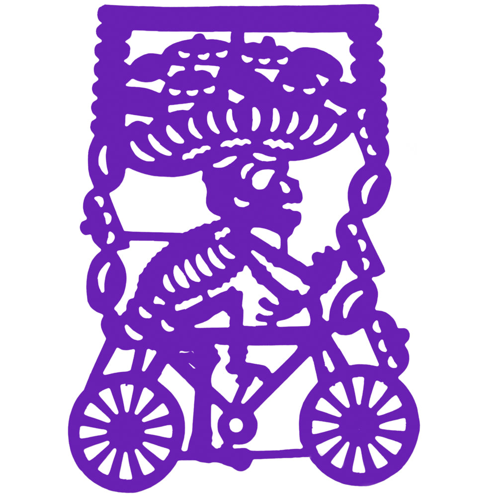 Colorful Calaca on a Bike Papel Picado Banner