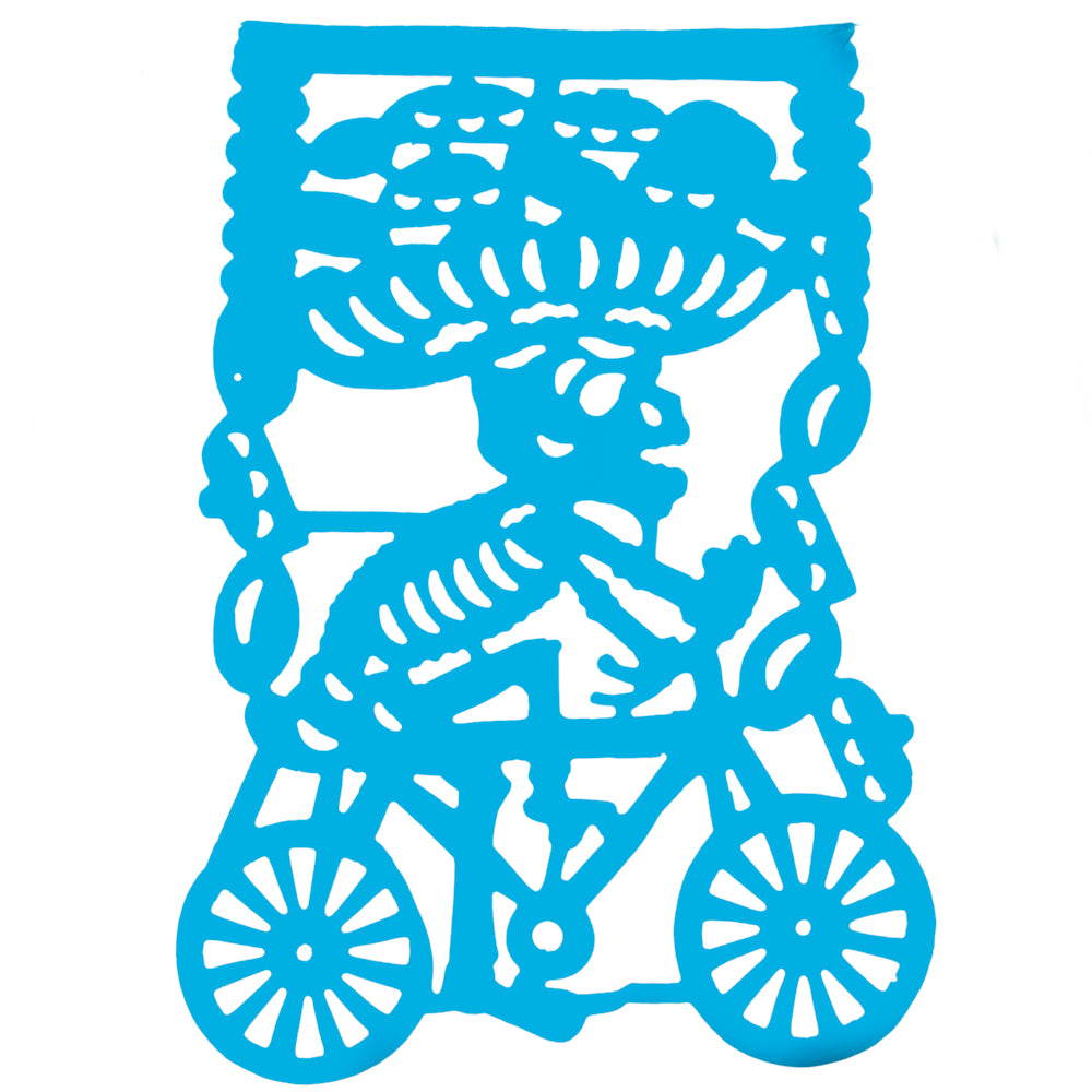 Colorful Calaca on a Bike Papel Picado Banner