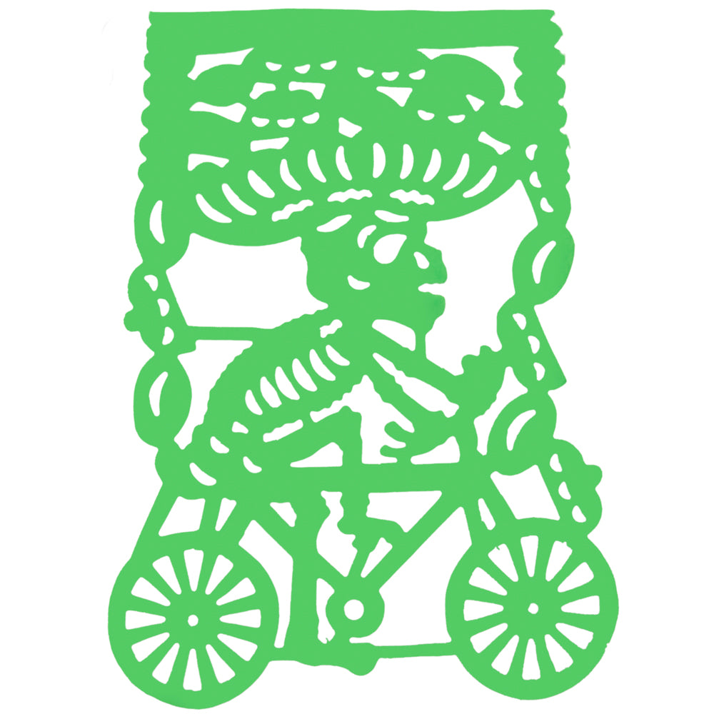 Colorful Calaca on a Bike Papel Picado Banner