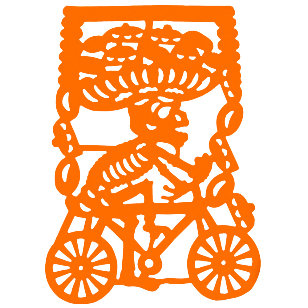 Colorful Calaca on a Bike Papel Picado Banner
