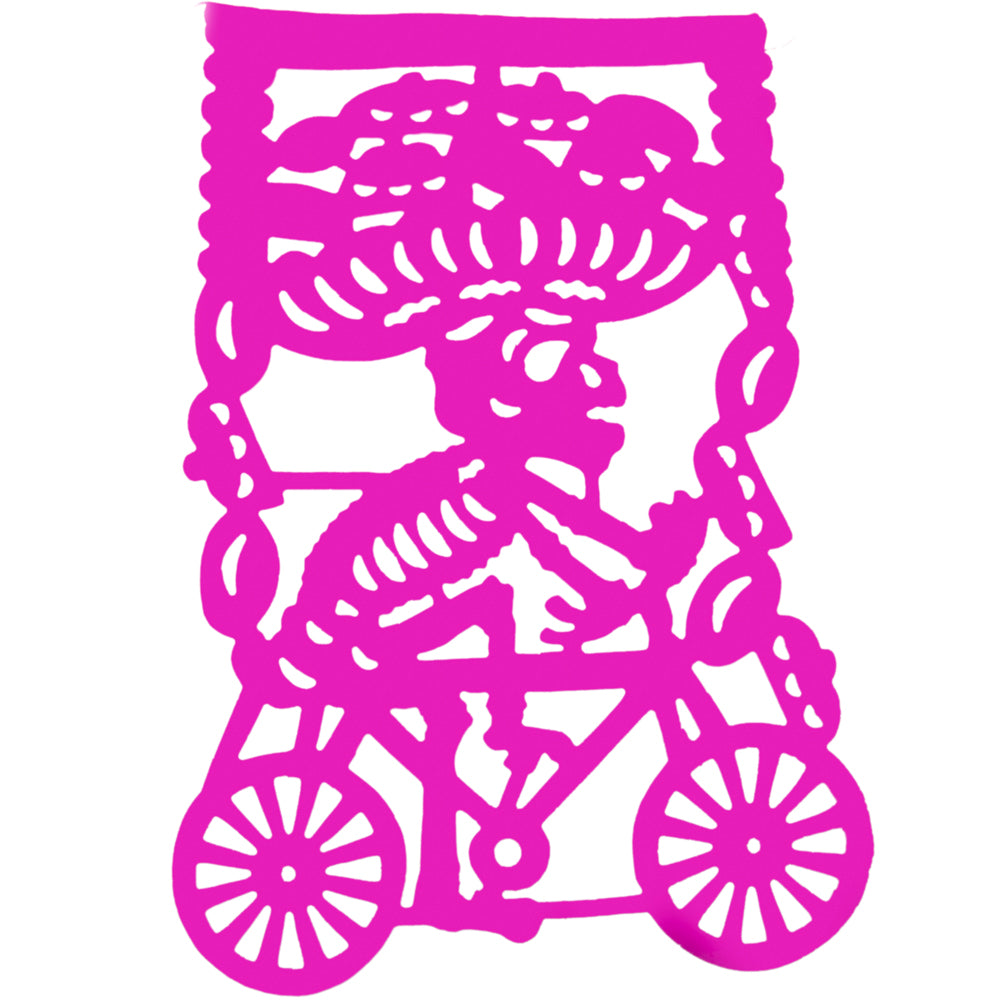 Colorful Calaca on a Bike Papel Picado Banner