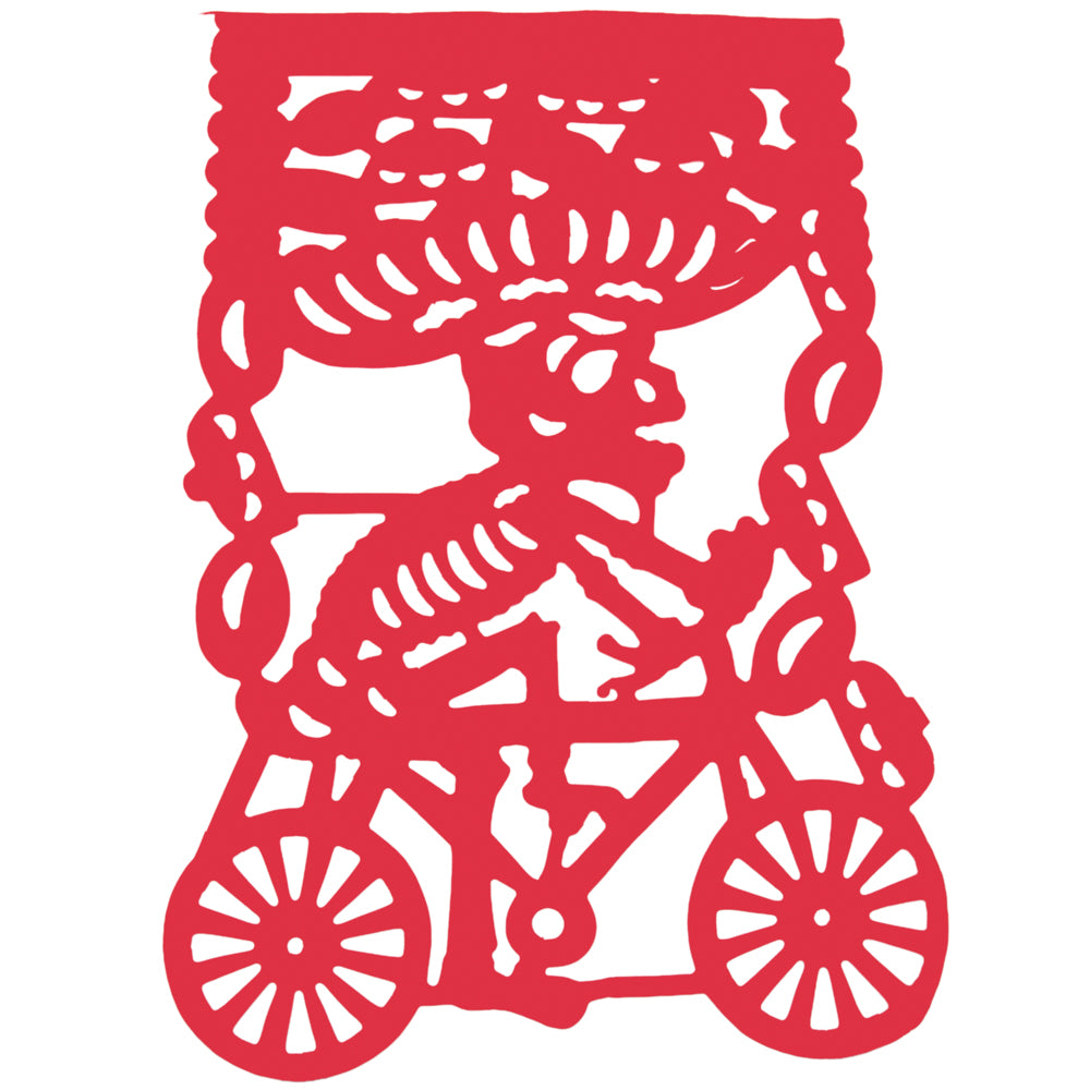 Colorful Calaca on a Bike Papel Picado Banner