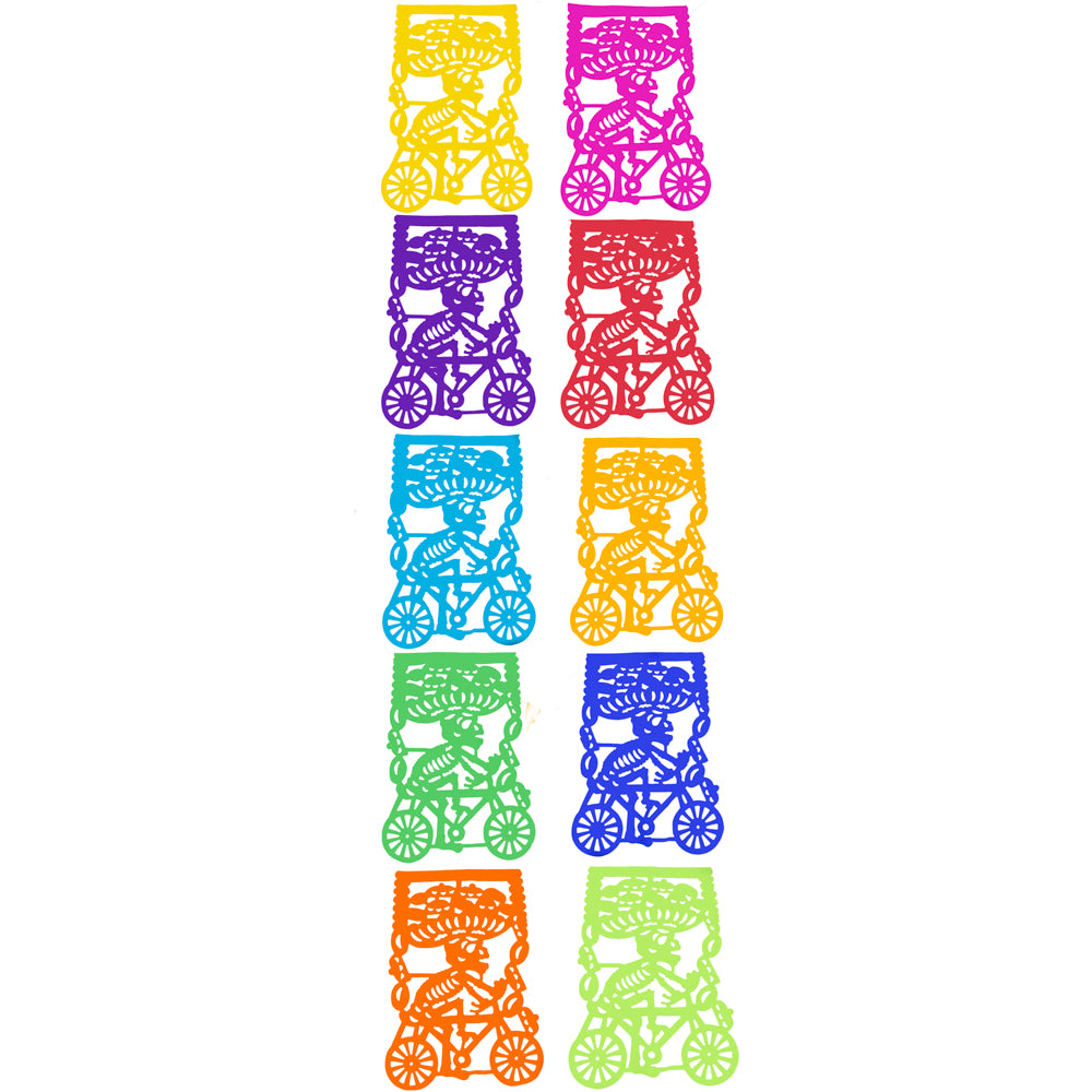 Colorful Calaca on a Bike Papel Picado Banner