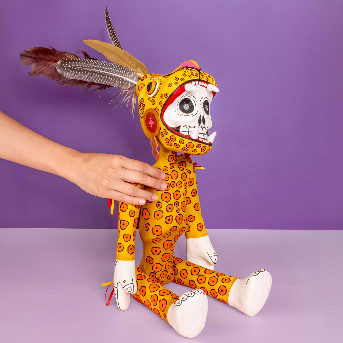 Papier-Mâché Calaca Skeleton Jaguar Warrior Sculpture