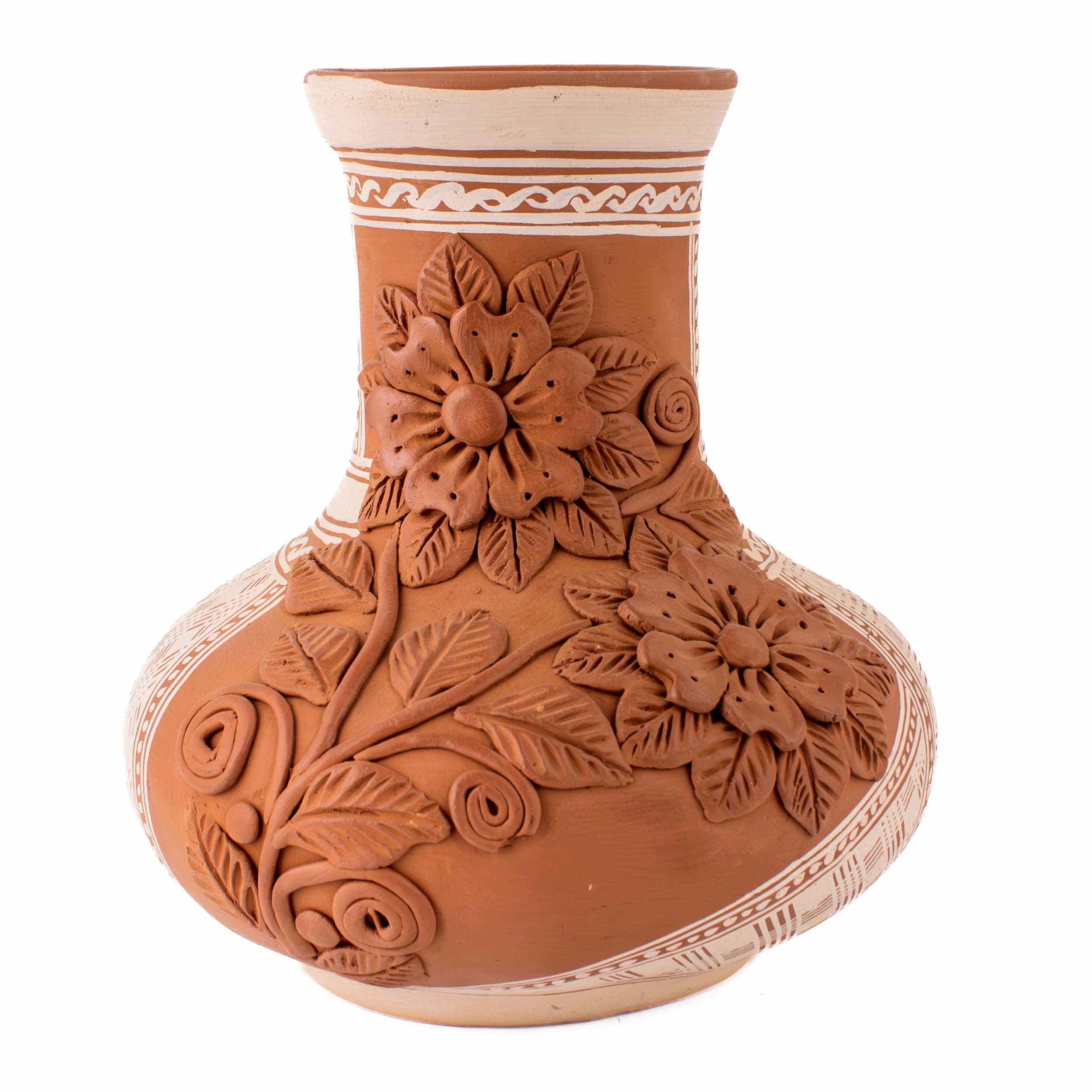 Patamban Long Neck Cantaro with Hand-Sculpted Flowers