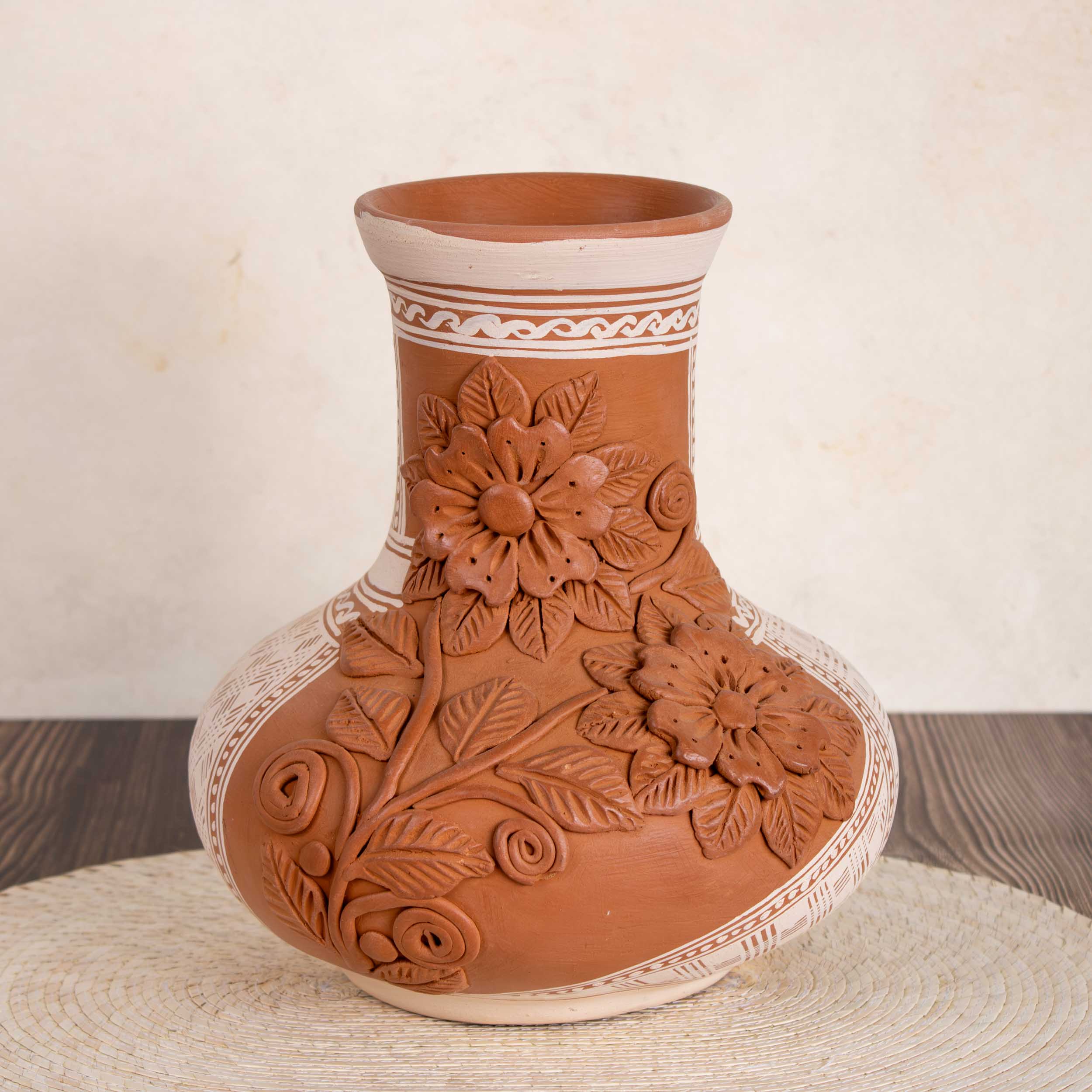 Patamban Long Neck Cantaro with Hand-Sculpted Flowers