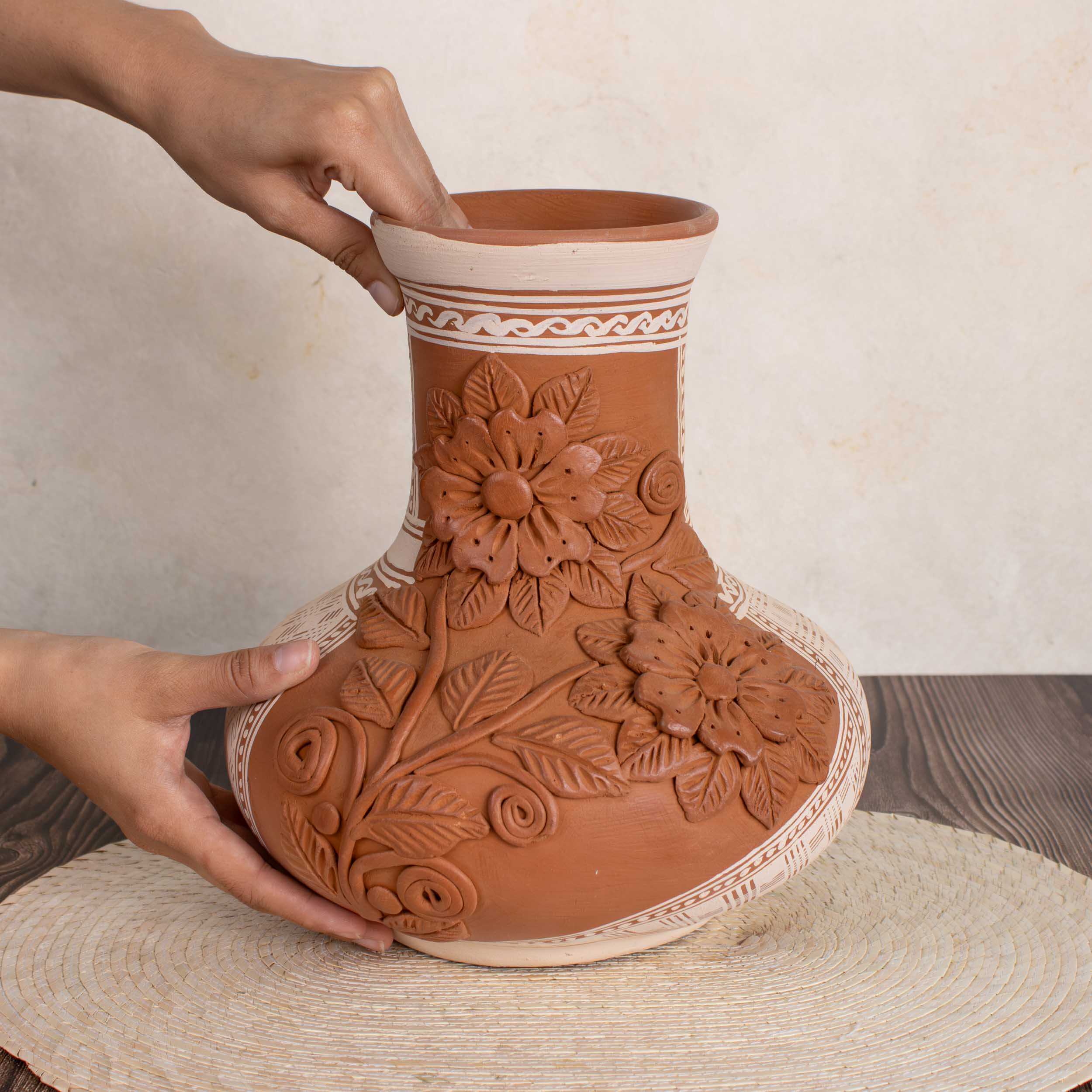 Patamban Long Neck Cantaro with Hand-Sculpted Flowers