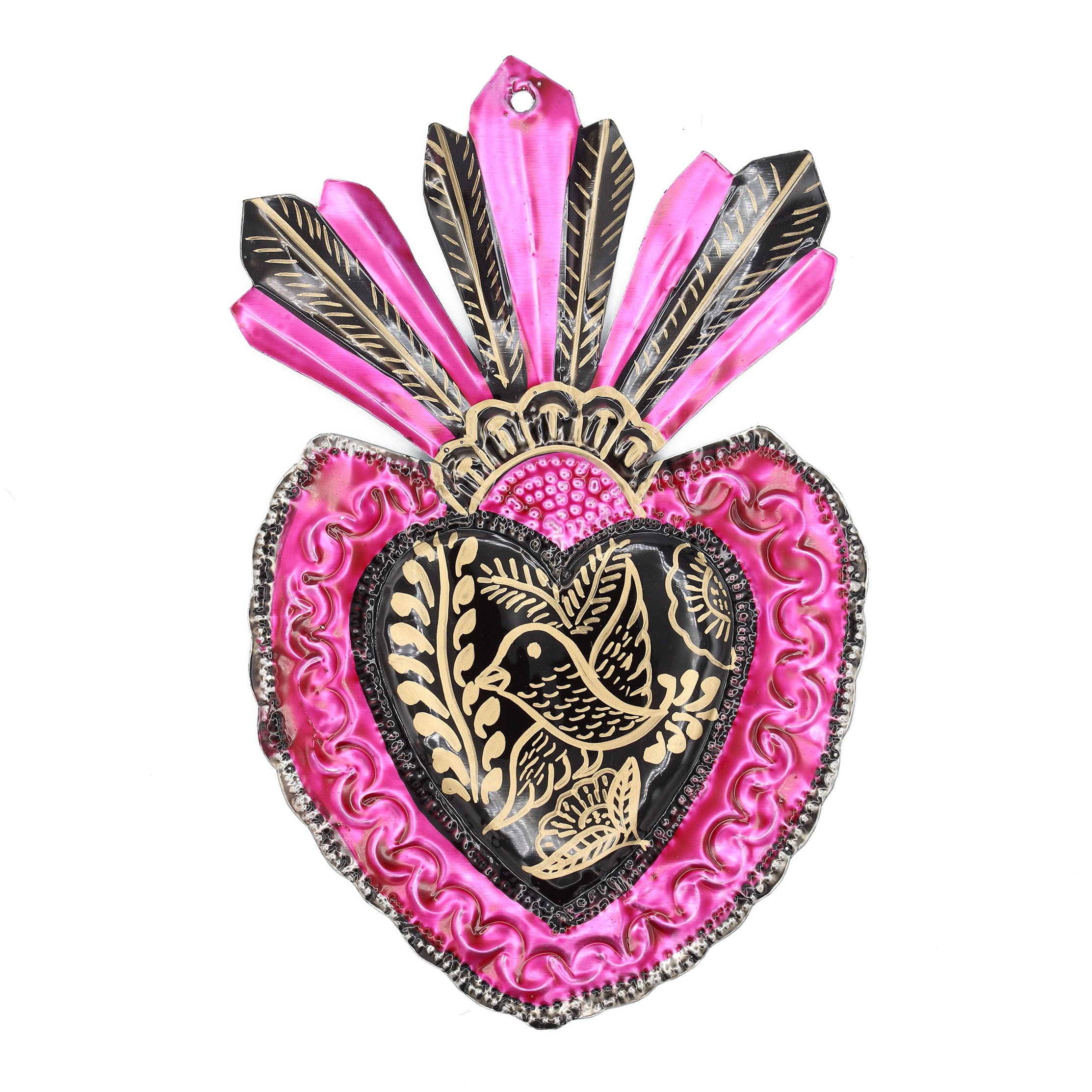 Large Detailed Bird Mexican Milagro Tin Heart