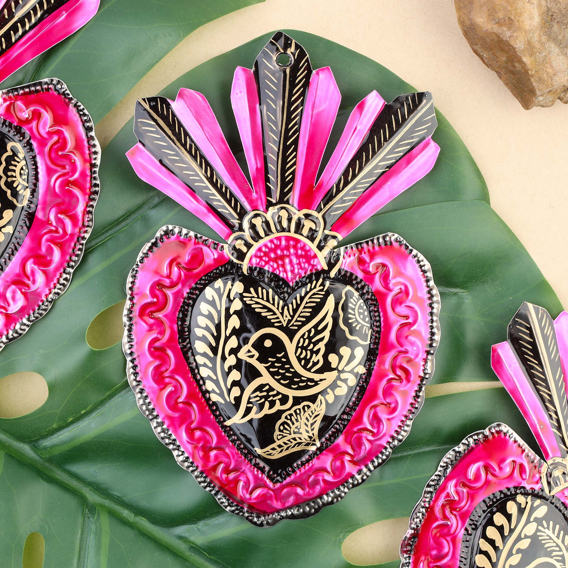 Large Detailed Bird Mexican Milagro Tin Heart