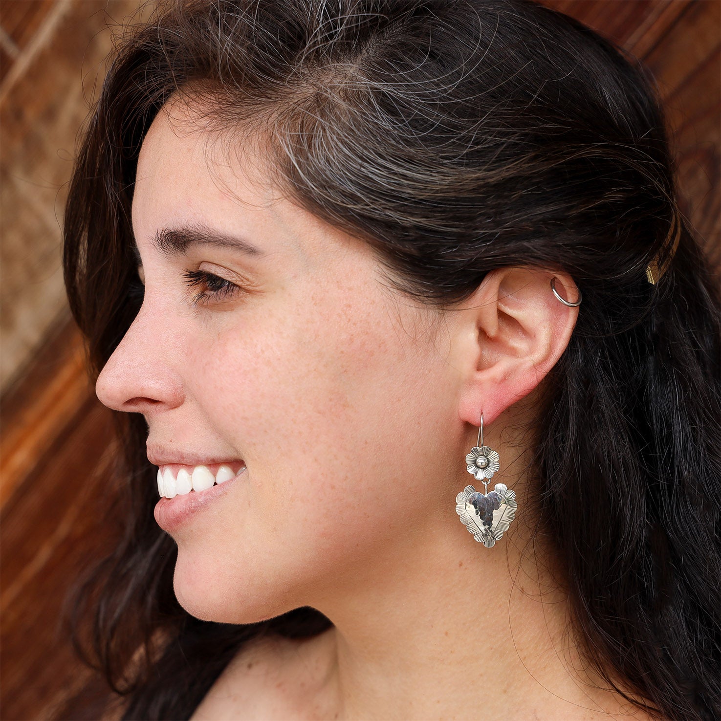 Sterling Silver Flor and Heart Mazahua Earrings