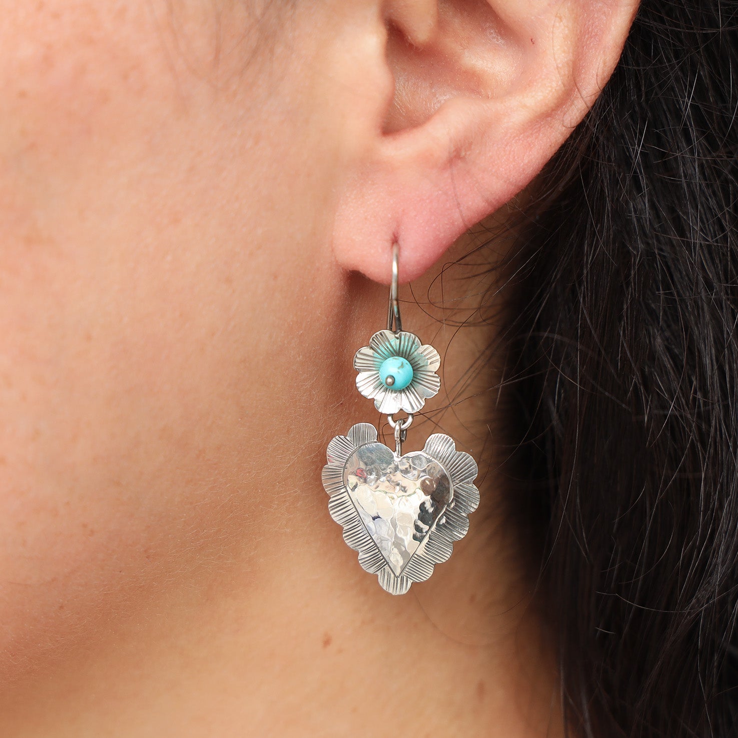 Sterling Silver Flor and Heart Mazahua Earrings