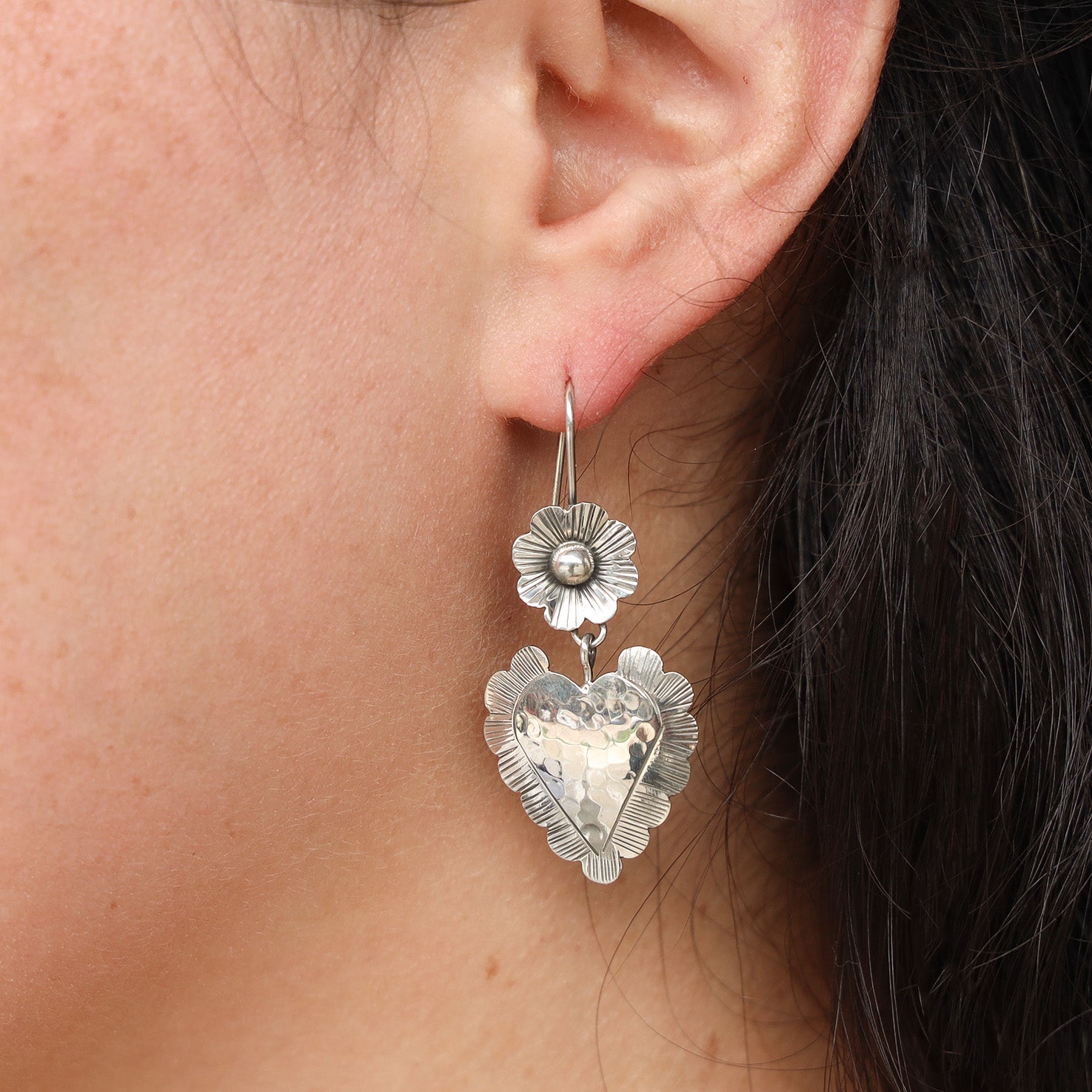 Sterling Silver Flor and Heart Mazahua Earrings