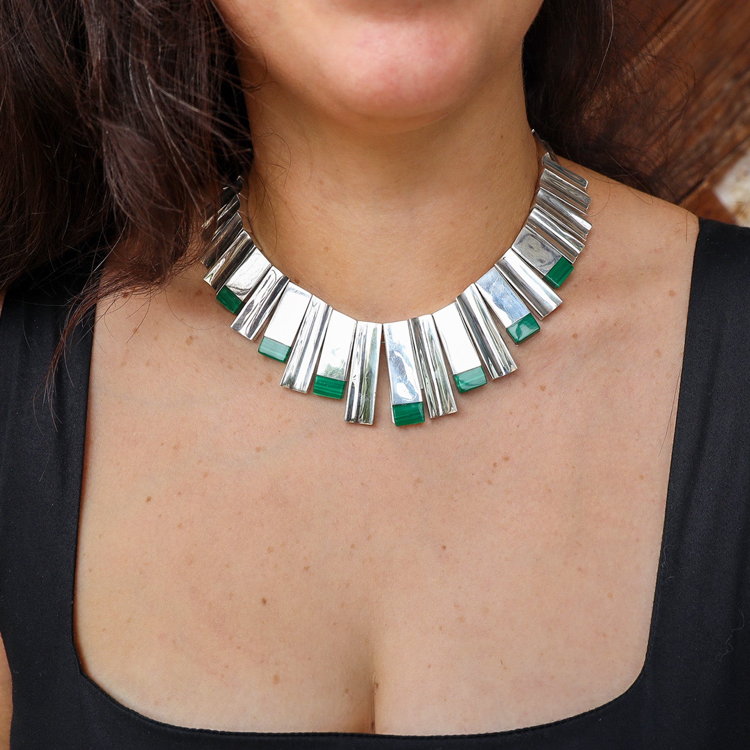 Vintage Sterling Silver Geometric Necklace with Malachite